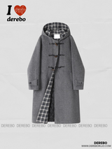 wool checkered hooded toggle quilting quilted long coat