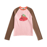 Riverstone Plus Fruit Print Raglan Sleeve Women's T-shirt, New Autumn Contrast Stripe Long Sleeve Top