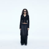 Washing Corduroy Cargo Banding Denim Pants Black