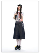 Ruffle-Layer Wide-Leg Denim Bermuda Shorts