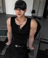 Henley Neck Side Track Muscle Fit Sleeveless