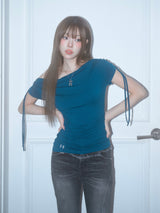 Meow Summer draping shrring Boat neck Top