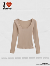 deep wide-neck slim long-sleeved knit shirt