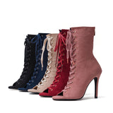 Suede Lace-Up Open Toe Heel(Navy)