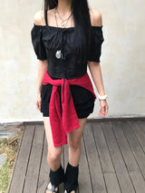 Lovely Note Two-Way Square Neck Off Shoulder Ribbon BLouse