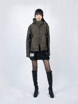 Curved Hood Leather Jacket (Khaki Black)