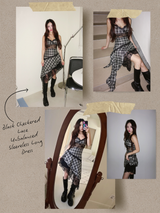 Black Checkered Lace Unbalanced Sleeveless Long Dress