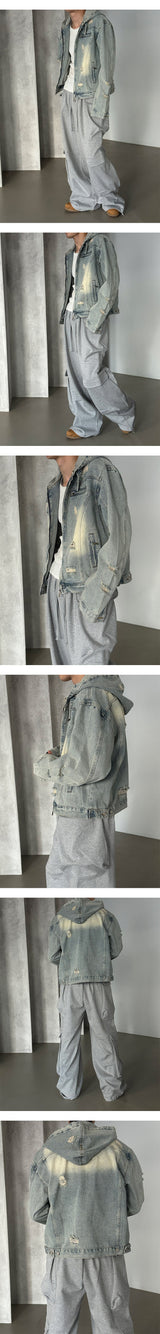 [Unisex] デストロイドデニムフードジャケット(2color)