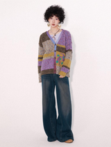 Color dot jacquard patchwork knitted cardigan sweater