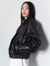 グロッシー レザー ボンバー ジャケット_ブラウン