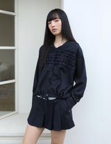 ストライプ ラッフル フーデッド シャツ(NAVY)