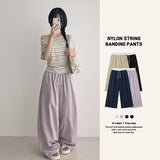 ラベンダー 💜 ウエスト カラーコントラスト ナイロン スラックス ワイド パンツ (4 colors) #CrinklePants