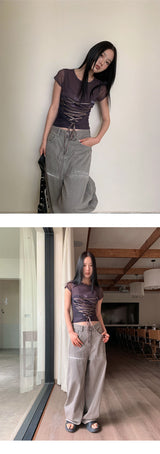 Corset strap back see-through short sleeve T-shirt