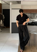 No-Mace Back Banding Two-Tuck Linen Wide Pants