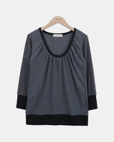 ミナミ ストライプド Uネック 9分袖 Tシャツ