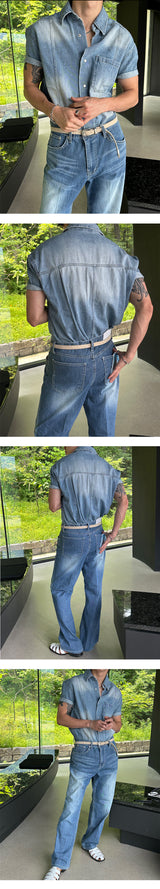 [MUSCLE FIT] スリットスナップボタンデニムシャツ (3color)