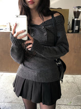 Knots Double Button Off-Shoulder Slim Knit
