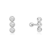 silver triple stone bezel barbell single piercing rhodium plating + 925 silver E070-05H