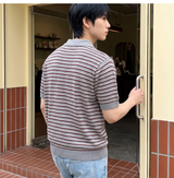 ストライプクロップハーフニット グレー