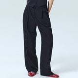 TAILORED STRIPE PINTUCK SLACKS_NAVY