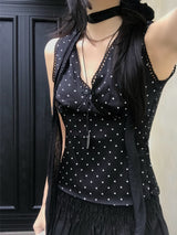 French Dot V-Neck Sleeveless Blouse