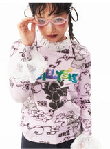 sillysis 可愛いイラストの小熊、ピンクの花柄プリント、宮廷風のギャザーレース付きTシャツ、インナー用トップス レディース