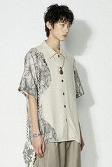 Retro cotton and linen patchwork short-sleeved shirt, summer casual loose fit blouse