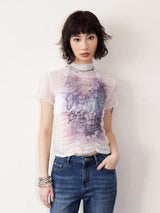 レースシリードプリントスリムフィットショートスリーブTシャツ