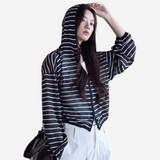 Relaxed Striped Double-Zip Hooded Knit Cardigan