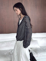 Relaxed Striped Double-Zip Hooded Knit Cardigan