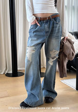 [Unisex] デストロイドブーツカットデニムパンツ