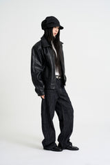 Curved leather overfit jacket
