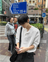 ツイードヘンリーネック長袖Tシャツ