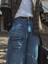 Post pocket cutting wide denim pants