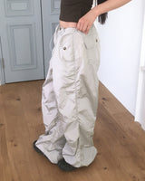 Qiya Glossy Shirring Parasuit Slit Wide Pants