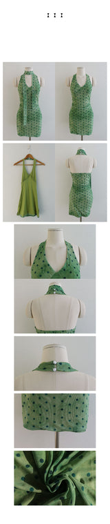 SHOT DOT HALTER MINI DRESS WITH TIE SCARF SET