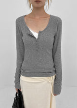 [MADE] Jane Henley Neck Ribbed Long Sleeve Tee