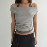 [Letovi] Shirring Off-Shoulder Halter Neck Layered Short-Sleeve T-Shirt - 3 Colors