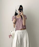 Checkered Ruffle Square Button Short Sleeve Blouse