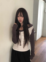エンシュー起毛カラーフードオフショルダーTシャツ