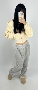 (LOWEST PRICE!/HOT DEAL♥) FLEECE SHERPA HOODIE ZIP-UP BANDING SEMI-CROPPED HOODIE - 3 COLOR