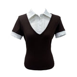 Cafe レイヤードピンタックシャツ ブラウン 半袖Tシャツ (Brown)