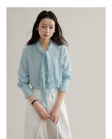 French ribbon tie V-neck blouse
