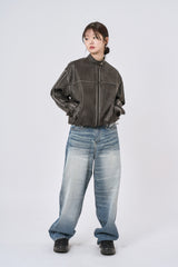 Mend side washed wide denim pants