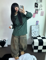 STRIPE OVER BOXY BOYFRIEND LONG SLEEVE T SHIRT ❤💚🩵🧸4COLOR