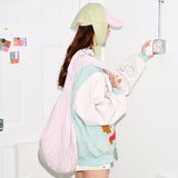 Preppy Accent Mint Cartoon Embroidered Varsity Jacket