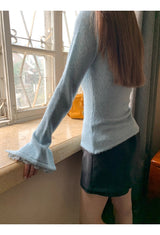 Sky V-neck Lace Bow Long Sleeve T-shirt