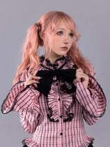 EVILTOOTH Eliza Heart Pink and Black Plaid Ruffle Collar Shirt with Embroidered Bow and Slim Flared Sleeves