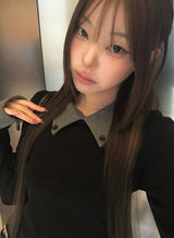 ロジンカラーマッチングカラーボタンスリムロングスリーブTシャツ