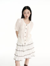 CONFUN linen check texture fabric spiral metal fastening round-neck short-sleeve shirt